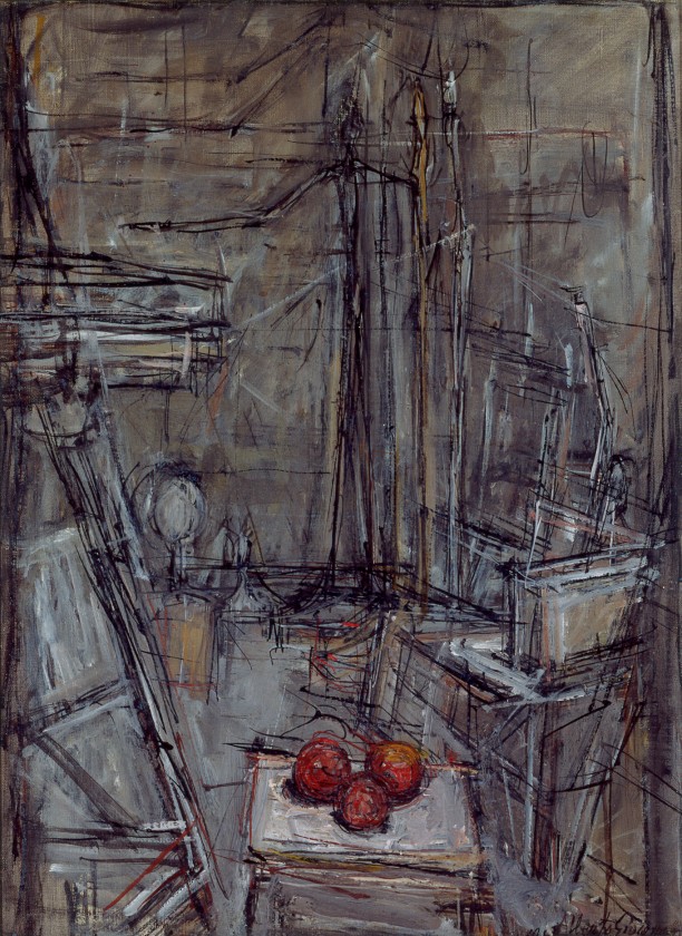 Interior Studio with Man Pointing and Three Apples